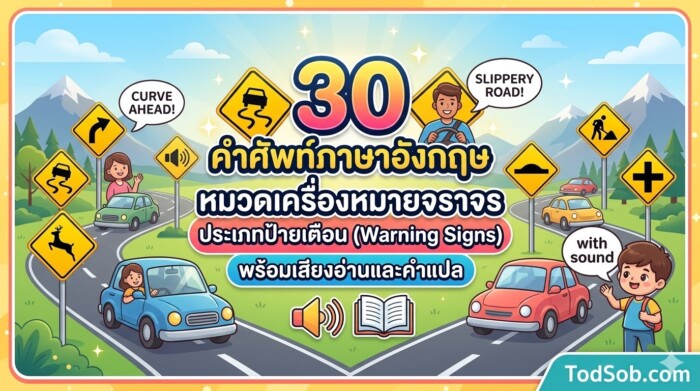 30 คำศัพท์ภาษาอังกฤษ หมวดเครื่องหมายจราจร ประเภทป้ายเตือน (Warning Signs) พร้อมเสียงอ่านและคำแปล