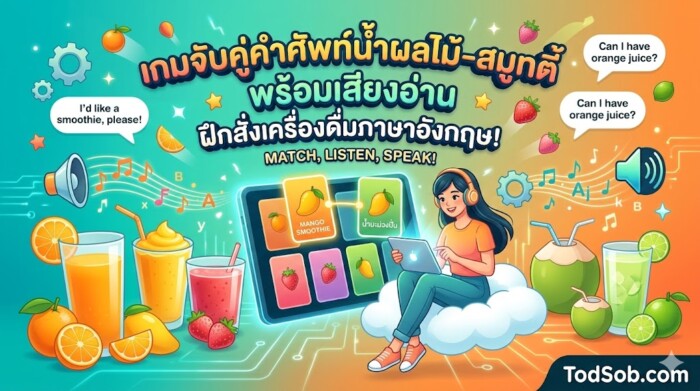 เกมจับคู่คำศัพท์น้ำผลไม้-สมูทตี้ พร้อมเสียงอ่าน ฝึกสั่งเครื่องดื่มภาษาอังกฤษ!