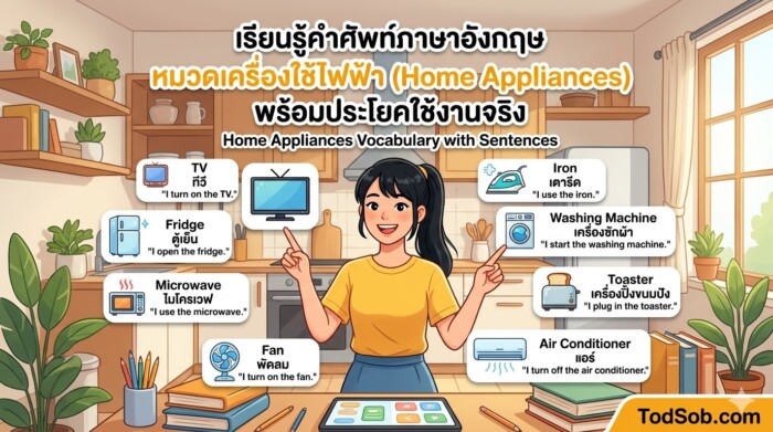 เรียนรู้คำศัพท์ภาษาอังกฤษ หมวดเครื่องใช้ไฟฟ้า (Home Appliances) พร้อมประโยคใช้งานจริง