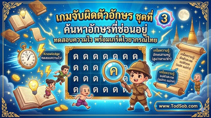 เกมจับผิดตัวอักษร ชุดที่ 3: ค้นหาอักษรที่ซ่อนอยู่ ทดสอบความไว พร้อมเกร็ดไวยากรณ์ไทย