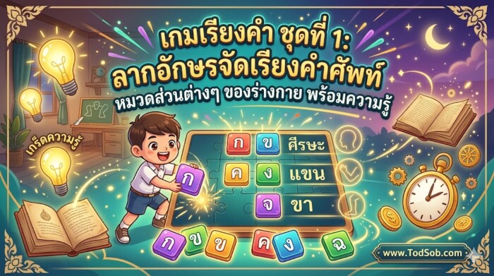 เกมเรียงคำ ชุดที่ 1: ลากอักษรจัดเรียงคำศัพท์ หมวดส่วนต่างๆ ของร่างกาย พร้อมความรู้