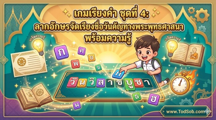 เกมเรียงคำ ชุดที่ 4: ลากอักษรจัดเรียงชื่อวันสำคัญทางพระพุทธศาสนา พร้อมความรู้